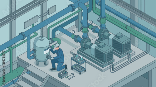 Isometric Industrial Maintenance Illustration of Technician Repairing Pipes and Pumps in Factory, Engineering Concept for Water Treatment or Power Plant Utilities