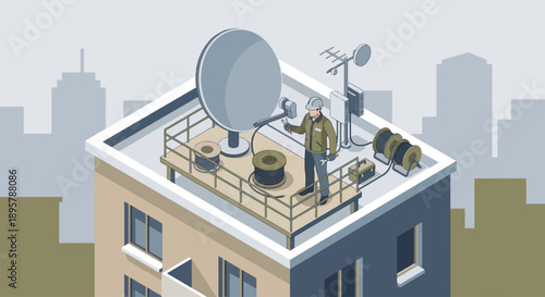 Isometric Telecommunications Technician Installing Satellite Dish on Urban Rooftop, Professional Maintenance Service for Broadband Internet and Digital TV, Infrastructure Support Illustration
