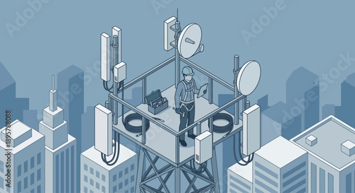 Isometric Telecommunications Tower Maintenance with Technician Repairing 5G Antenna and Satellite Equipment, Network Infrastructure and Smart City Connectivity Illustration