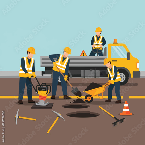 Road Construction Workers Repairing Potholes on Pavement Using Plate Compactor, Shovel, and Wheelbarrow. Flat Vector Illustration of Infrastructure Maintenance.