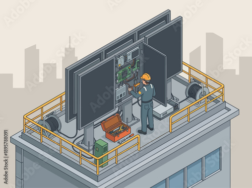 Isometric Technician Repairing Digital Billboard on Rooftop, Professional Maintenance of Outdoor LED Screen and Advertising Infrastructure, Urban Technical Support and Service Concept