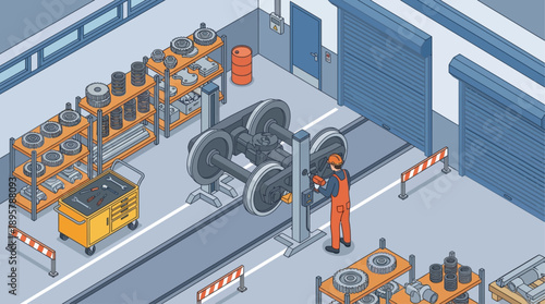 Isometric Railway Maintenance Workshop with Technician Repairing Train Axle Assembly, Industrial Factory Interior for Engineering and Transportation Logistics Services Illustration