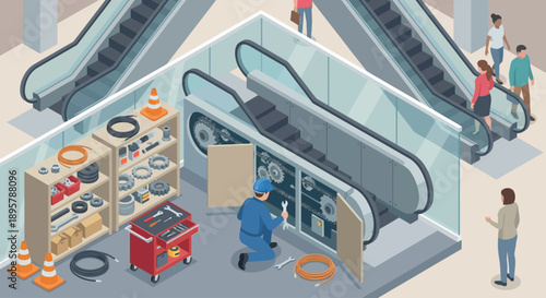 Isometric Technician Repairing Escalator in Shopping Mall or Station, Facility Management Service Worker Fixing Mechanical Stairs with Tools, Industrial Maintenance and Infrastructure Concept