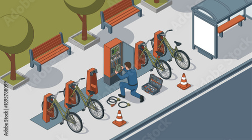 Isometric Vector Illustration of a Technician Repairing a Smart Bike Sharing Station, Urban Infrastructure Maintenance and Green Mobility Service for Sustainable City Planning