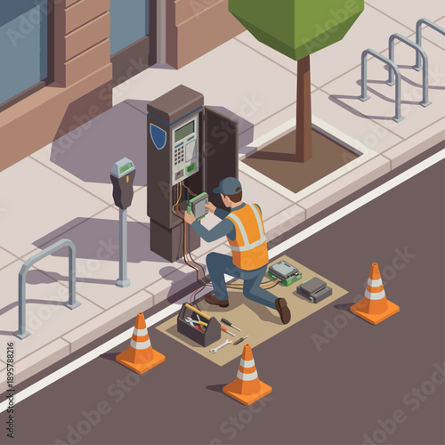 Isometric Technician Repairing Parking Meter on City Street, Municipal Infrastructure Maintenance Worker Fixing Electronic Ticket Machine, Smart City Technology Service and Repair Illustration