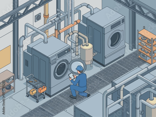 Isometric Industrial Laundry Maintenance Technician Repairing Commercial Washing Machine with Digital Tablet, Professional Facility Management and Equipment Service Vector Illustration