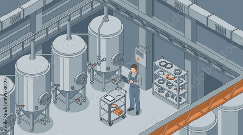 Isometric Industrial Maintenance Illustration featuring Engineer Monitoring Factory Equipment with Laptop, Smart Manufacturing and Predictive Maintenance Concept for Industry 4.0