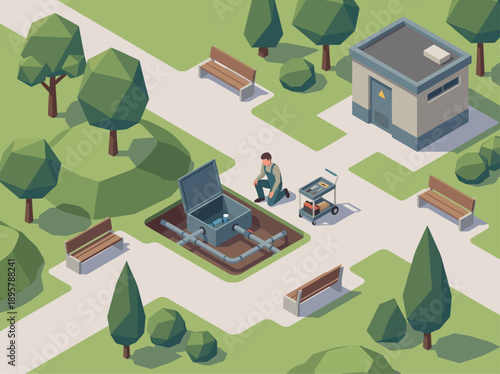 Isometric Maintenance Worker Repairing Underground Utility Pipes in Public Park, City Infrastructure Service and Technical Support Illustration, Professional Plumbing and Engineering