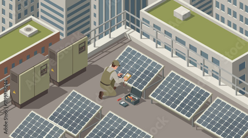 Isometric Technician Maintaining Solar Panels on Urban Building Rooftop, Renewable Energy and Green Technology Concept for Sustainable City Infrastructure Vector Illustration