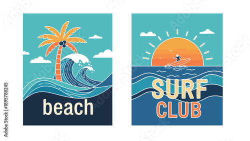 Set of two retro surf themed banners featuring a tropical beach with palm tree and a lone surfer at sunset scene.