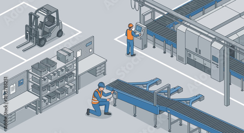 Isometric Industrial Factory Maintenance with Technicians Repairing Conveyor Belt, Forklift and Automated Production Line for Logistics and Manufacturing Concept