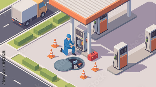 Isometric Gas Station Maintenance Illustration with Professional Technician Repairing Fuel Pump and Underground Tank, Industrial Service and Petrol Infrastructure Concept