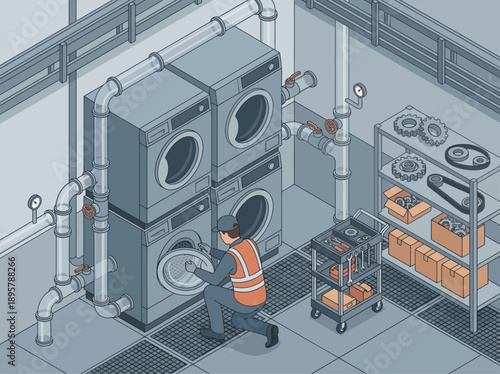 Isometric Industrial Maintenance Technician Repairing Washing Machines in Laundry Room, Professional Service Engineer Fixing Appliances with Tools and Pipes, Vector Illustration for Business