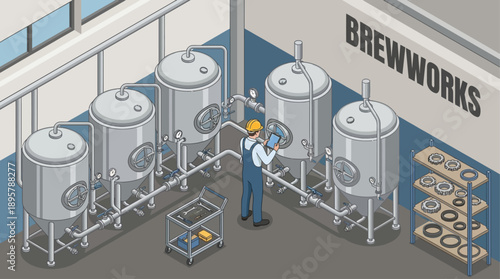 Isometric Brewery Maintenance Engineer Using Digital Tablet to Inspect Industrial Fermentation Tanks in Craft Beer Factory, Smart Manufacturing and Quality Control Illustration