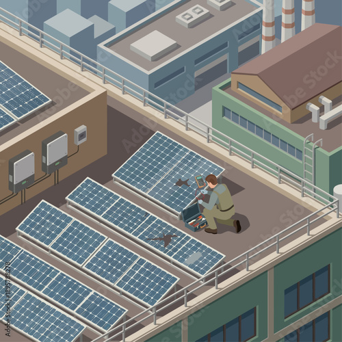 Isometric Solar Panel Maintenance and Repair on Industrial Rooftop, Technician Troubleshooting Damaged Photovoltaic Cells for Green Energy, Sustainable Infrastructure Illustration