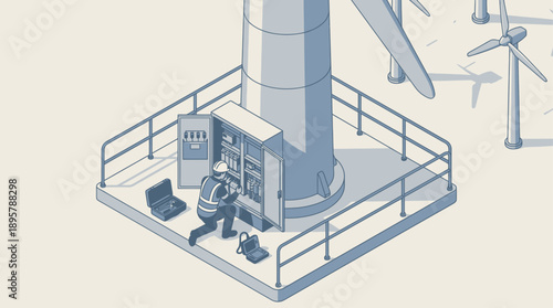 Isometric Wind Turbine Maintenance Illustration with Engineer Repairing Electrical Control Panel, Sustainable Green Energy Technology and Renewable Power Infrastructure Concept