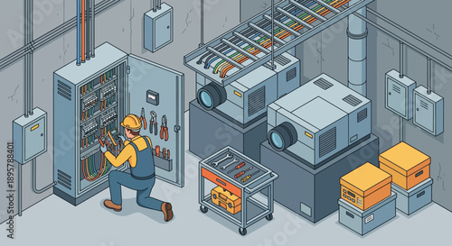 Isometric Industrial Maintenance Illustration of Electrician Technician Repairing Electrical Panel and Control Box in Factory Utility Room with Tools and Machinery