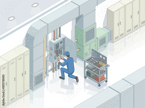 Isometric HVAC Maintenance Technician Repairing Industrial Electrical Panel, Professional Facility Management and Technical Service Illustration