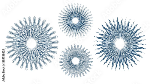Four abstract blue-toned sunburst or kaleidoscope patterns featuring intricate wavy lines in a circular symmetrical graphic design.