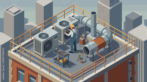 Isometric HVAC Technician Repairing Air Conditioning Units on Commercial Building Rooftop, Industrial Facility Maintenance and Cooling System Service Vector Illustration