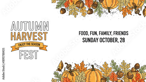 Detailed autumn harvest festival invitation banner featuring pumpkins acorns and fall leaves with event details.