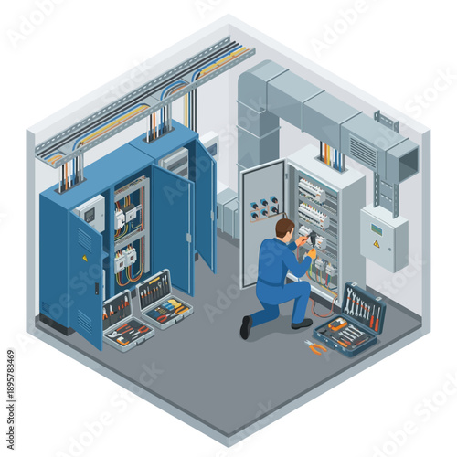 Professional Technician Servicing Power Switchgear with Tools, Energy Infrastructure Maintenance Vector Illustration, Industrial Utility Room Repair and Installation Scene