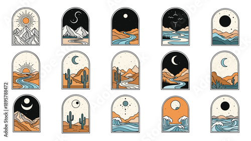 Comprehensive set of fifteen arched window badge illustrations featuring diverse nature scenes at day and night.