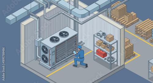 Isometric HVAC Maintenance Technician Inspecting Industrial Air Conditioning Unit in Warehouse Mechanical Room, Facility Management and Repair Service Vector Illustration
