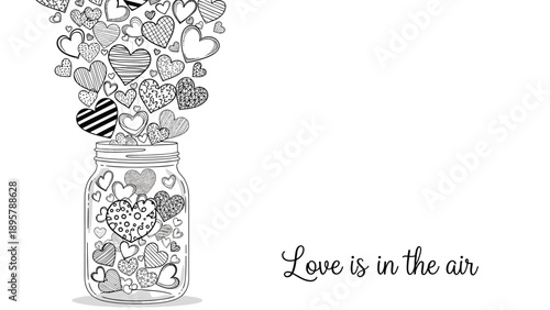 Whimsical illustration of a glass jar with various patterned hearts overflowing from it and the cursive text Love is in the air.