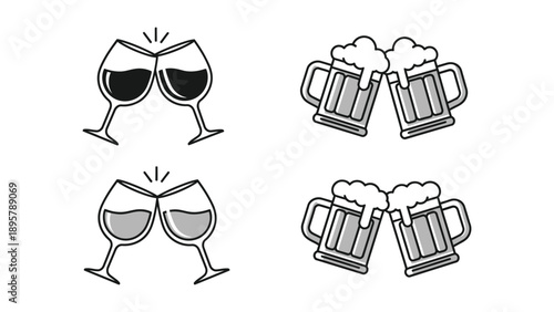 Set of four simple line art icons illustrating clinking wine glasses and foamy beer mugs for celebration