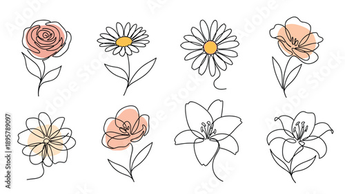 Simple minimalist continuous line art of various flowers like roses and daisies with abstract peach color shapes on white background.