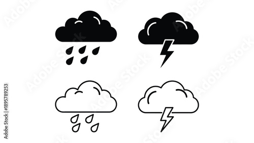 Collection of simple black and white cloud icons illustrating rain and thunderstorm weather conditions