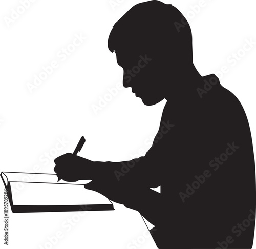 Student writing in notebook silhouette showing concentration study education and artistic creativity while taking notes on paper