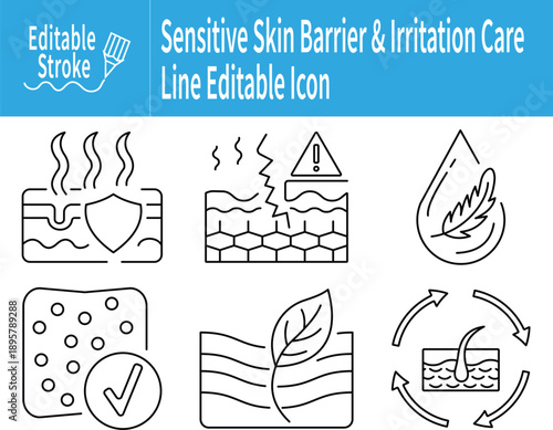 Sensitive skin barrier protection and irritation care line icon sheet showing redness defense, allergy safe care, gentle hydration, calming repair, and recovery cycle