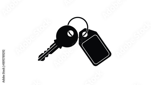 Simple black silhouette icon representing a metallic key attached to a blank identification tag or fob