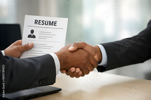 Two businessmen shaking hands while holding a resume, symbolizing successful job hiring, agreement, or partnership after a professional interview.