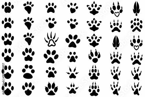 Collection of various black animal paw prints in a grid arrangement