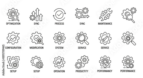System Optimization Icons Set. Gear and Magnifier
