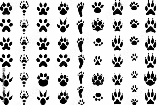 Collection of various black paw prints and human footprints on white