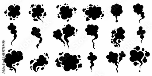 Collection of abstract black smoke or cloud puff shapes on white