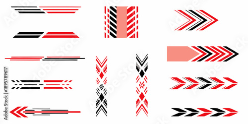 Abstract geometric patterns featuring red and black arrow like shapes