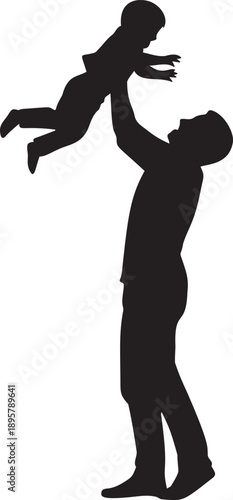 Father joyfully throwing his child in air, family bonding moment, fatherhood celebration, happy playtime.