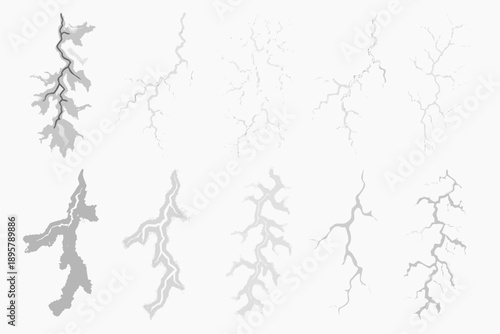 Variations of lightning bolt shapes and shades on a white background