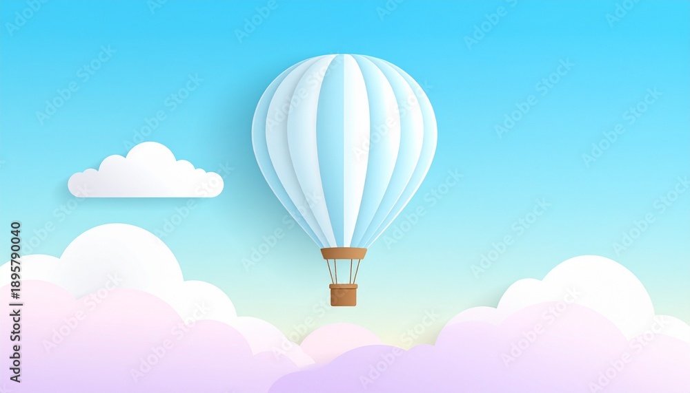 Fototapeta premium Hot air balloon floating over colorful clouds at sunrise with basket and flames