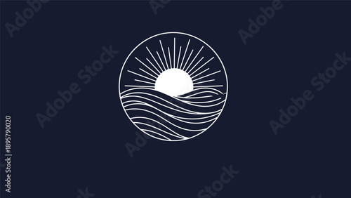 Minimalist sun and sea emblem featuring a rising sun and ocean waves inside a circular frame on a dark blue background.