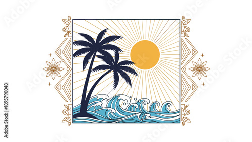 Tropical island sunset scene with palm trees and ocean waves framed by elegant golden geometric and floral ornaments.