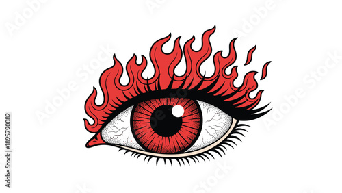 Burning eye illustration featuring a red eyeball with black pupil surrounded by vibrant orange flames on white background.
