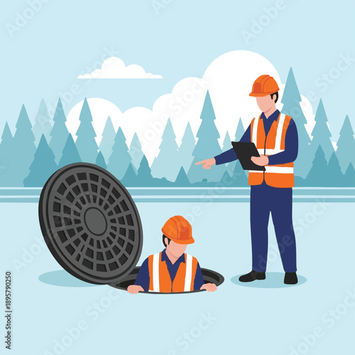 Utility Workers Opening Manhole for Sewer System Maintenance and Infrastructure Inspection.