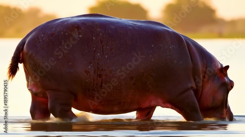 Wallpaper Mural Majestic Hippo Submerges in Golden Water: Wildlife in Natural Habitat Torontodigital.ca