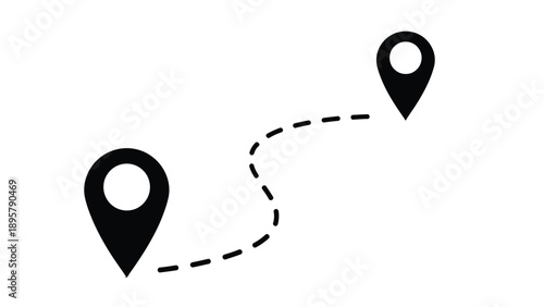 Two black map location pins connected by a curving dashed line indicating a journey route